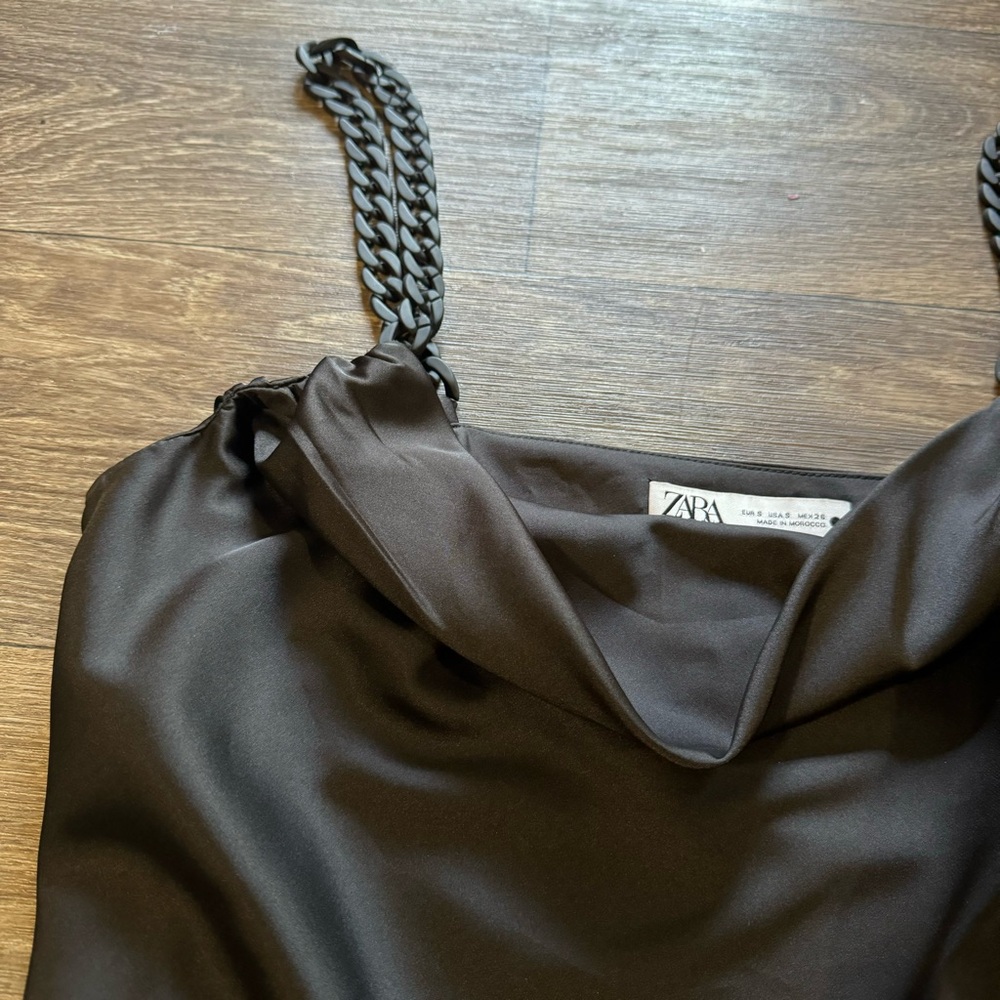 ZARA black satin plunge cowl neck top with beaded straps - Picture 6 of 8